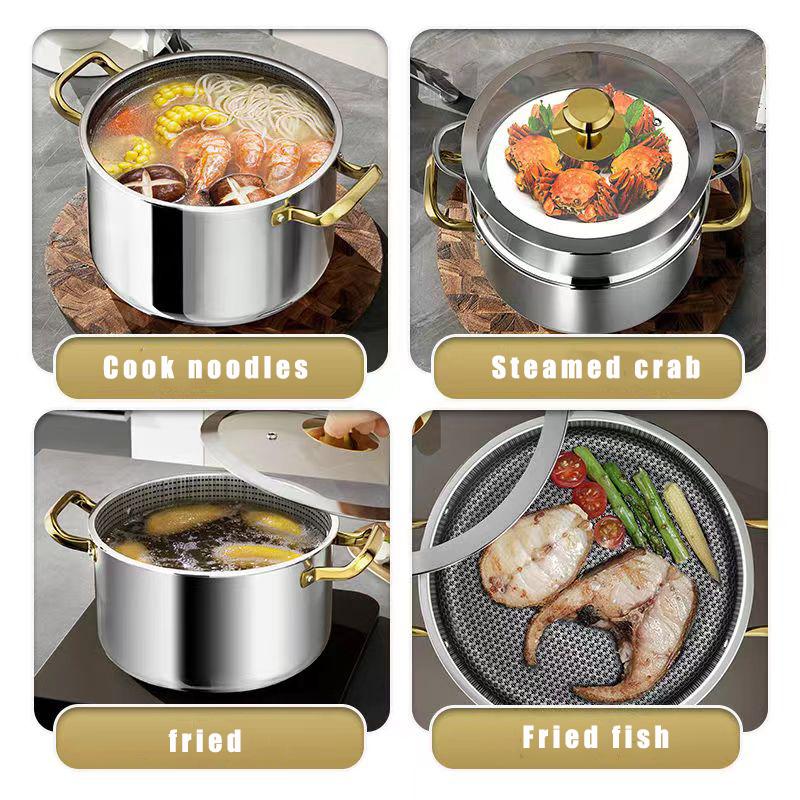 Steel Soup Pot Honeycomb Non-Stick Pot With Lid Household Pot Induction Cooker Gas Stove Universal Frying Pan 304 Stainless