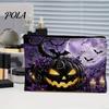 Washable Storage Pouch Bag, with Halloween Pattern Print, Smooth Zipper Durable Canvas Dust-proof Container Organizer, Portable Stationery Case,