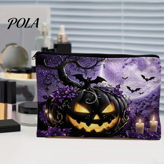 Washable Storage Pouch Bag, with Halloween Pattern Print, Smooth Zipper Durable Canvas Dust-proof Container Organizer, Portable Stationery Case,