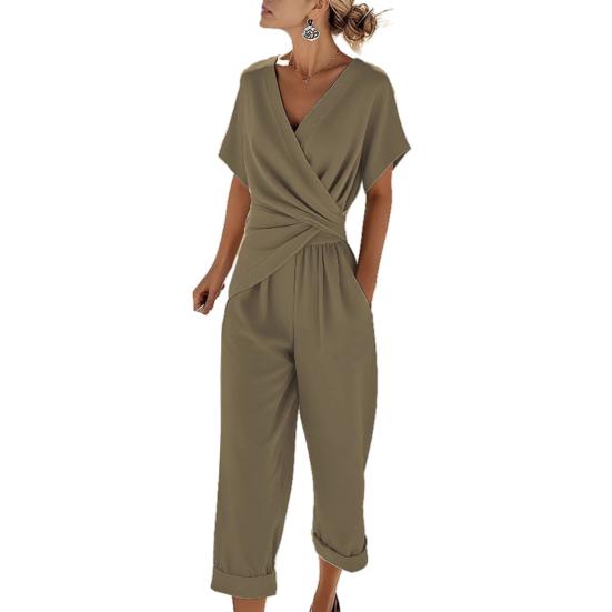 Women's 2 Piece Outfits Asymmetrical Hem V Neck Short Sleeve Ruched Top And Cropped Pants Set Summer Casual Lounge Sets