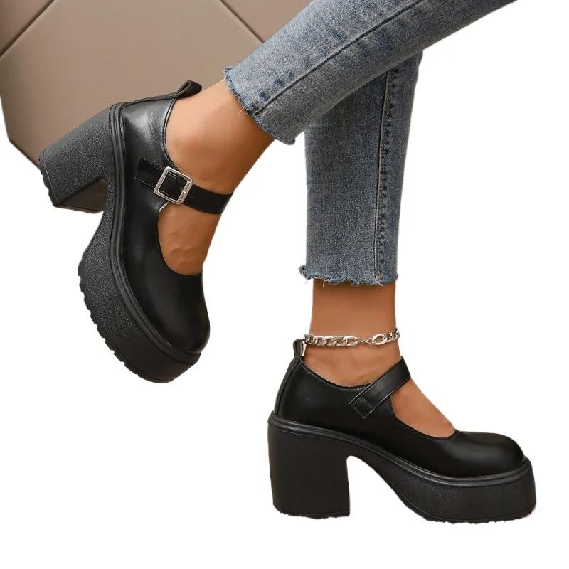 Fashion 2025 New Mary Janes Women's High Heels Chunky Heels Round Toe Plus Size Fashion Dress Pumps Women Platform Buckle Strap Shoes
