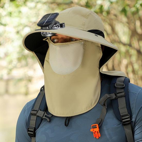 Chapéu de Sol Masculino com Ventilador de Alimentação Dupla Aba Larga Chapéu de Sol com Xale Protetor Facial Chapéu para Pesca Caminhada Jardinagem