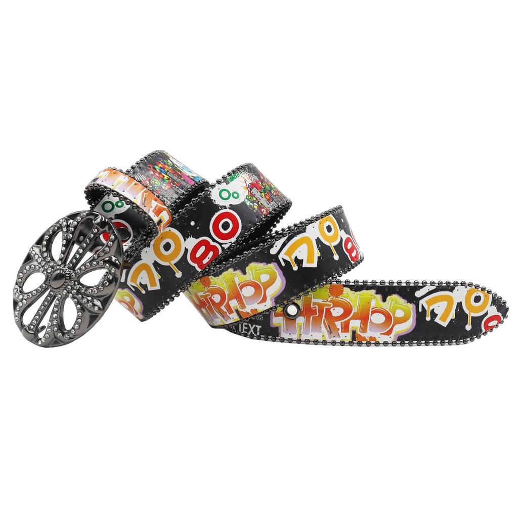 Croatian Rhinestone Graffiti Leather Y2K Belt: Versatile European & American Style