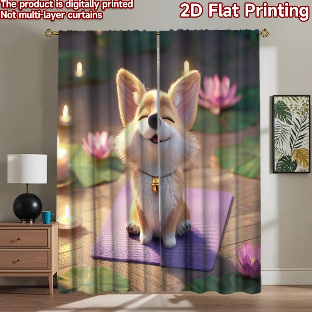 2D flat printing 2pcs Curtain Cute Corgi Yoga Zen Lotus Digital Printed Polyester Drapes Party Decorations Use for Indoor