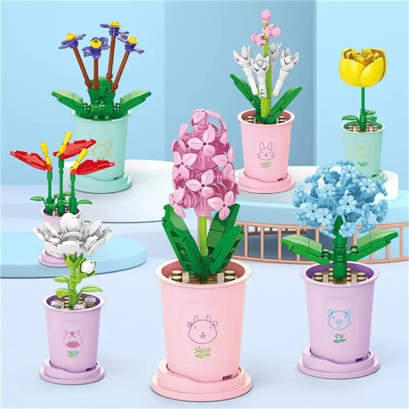 Hot Creative Small Building Block Flower Art Classic Brick Mini Potted Plant Gift For Girls Desk Decoration Simple Assembly Toys