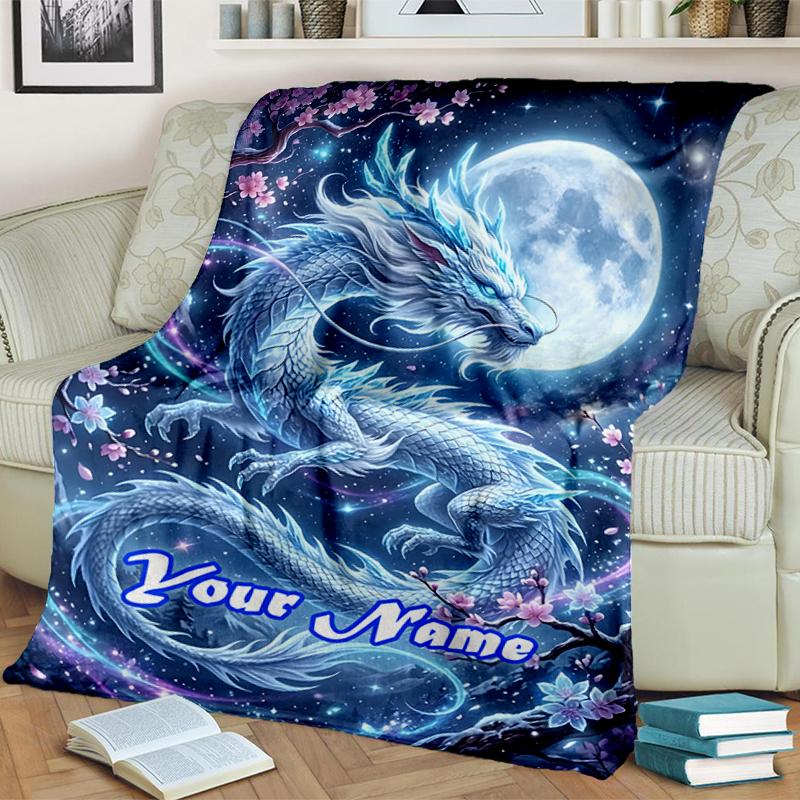 1PC Custom Name Ethereal Dragon Moonlit Night outdooor Flannel blankets Throw Blanket All-Season Throw Gift Bedspread for Couch, Bed, Camping Holiday
