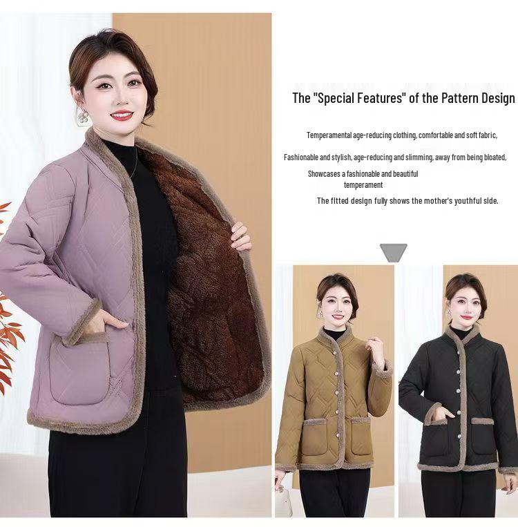 Women's Winter Cotton Jacket: Fleece-Padded, Jacquard Fabric, Age-Reducing, Warm, Chinese-Style, Enhanced Thickness.
