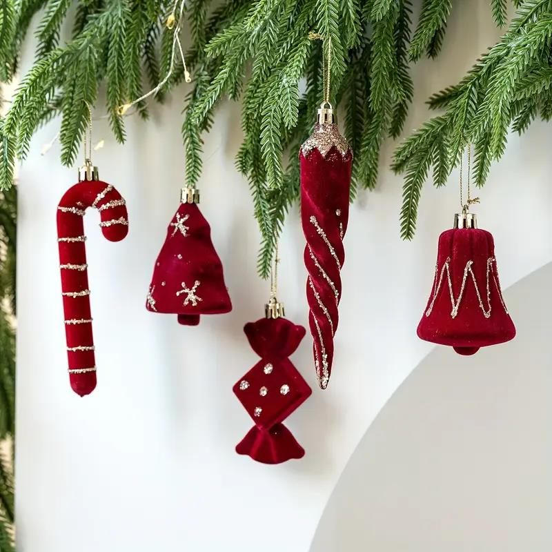 2Pcs Red Velvet Christmas Tree Ornaments Candy Cane Bell Icicle Hanging Pendants 2026 New Year Christmas Party Home Decoration