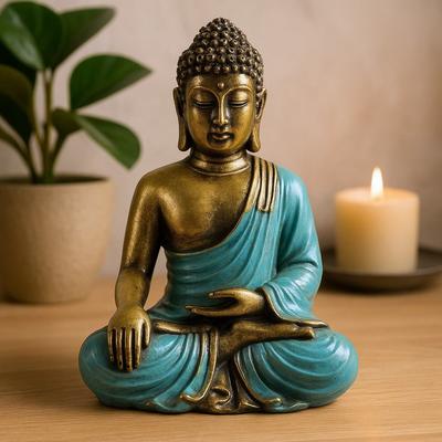 Statua di Buddha Verde Acqua e Oro Resina Varada Mudra