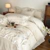 Juego de Cama de Lujo Francés Estilo Princesa de Algodón y Lino Bordado con Encaje de Cuatro Piezas con Funda Nórdica