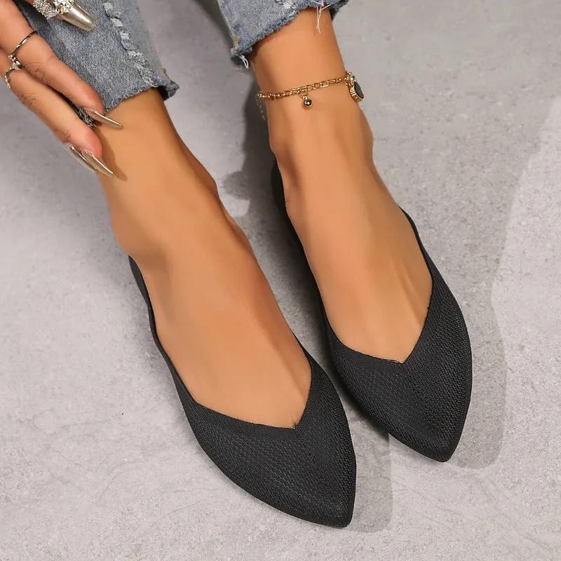 Fashion Spring New Flat Shoes Women's Fashion Pointed Head Shallow Mouth Knitted Breathable Soft Sole Non-slip Single Shoes