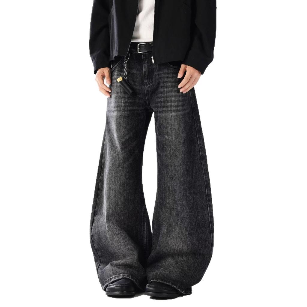 American retro big pocket scimitar jeans men's spring and autumn fashion high street design sense loose wide leg floor pants