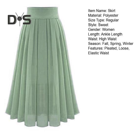 Women Skirt High Waist Pleated Loose Solid Color Elastic Waist Soft Double Layered Mid Calf Length Lady Prom Party Daily Midi Skirt