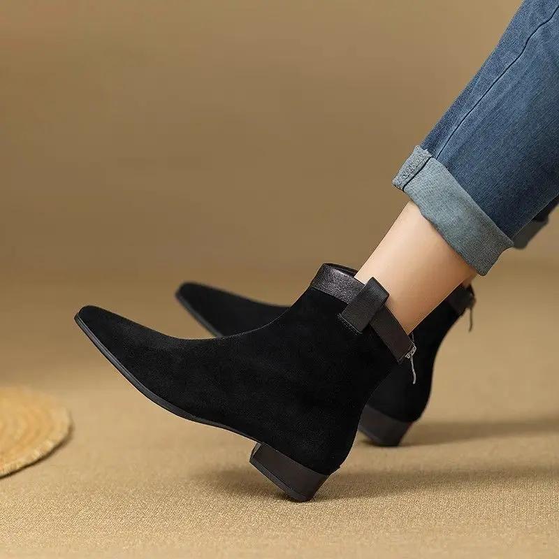 Fashion Ankle Boots for Women Pointed Toe Leather Splicing Suede Booties Chelsea Non Slip Autumn On Offer New Rock In Woman Short Shoes