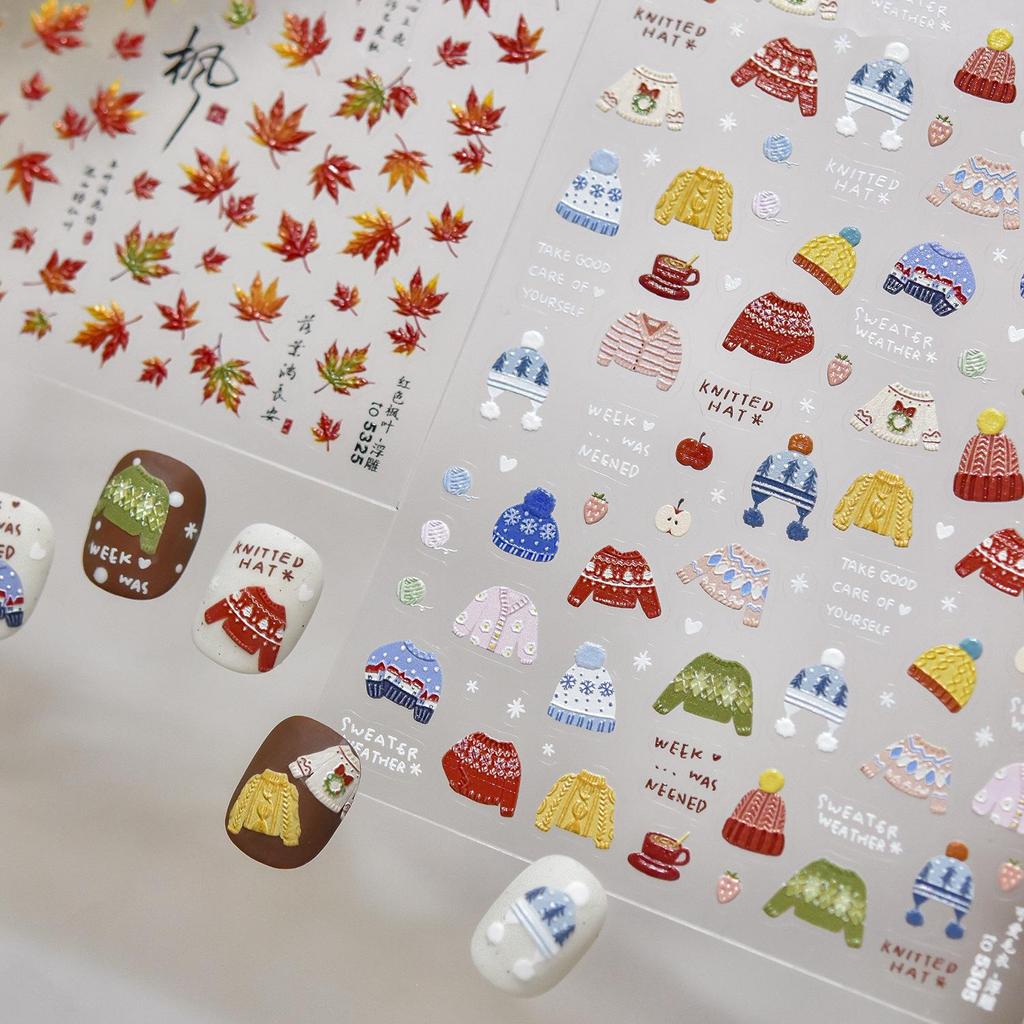 Tomoni 3D Embossed Nail Stickers: Cute Winter Sweater Design for Kids