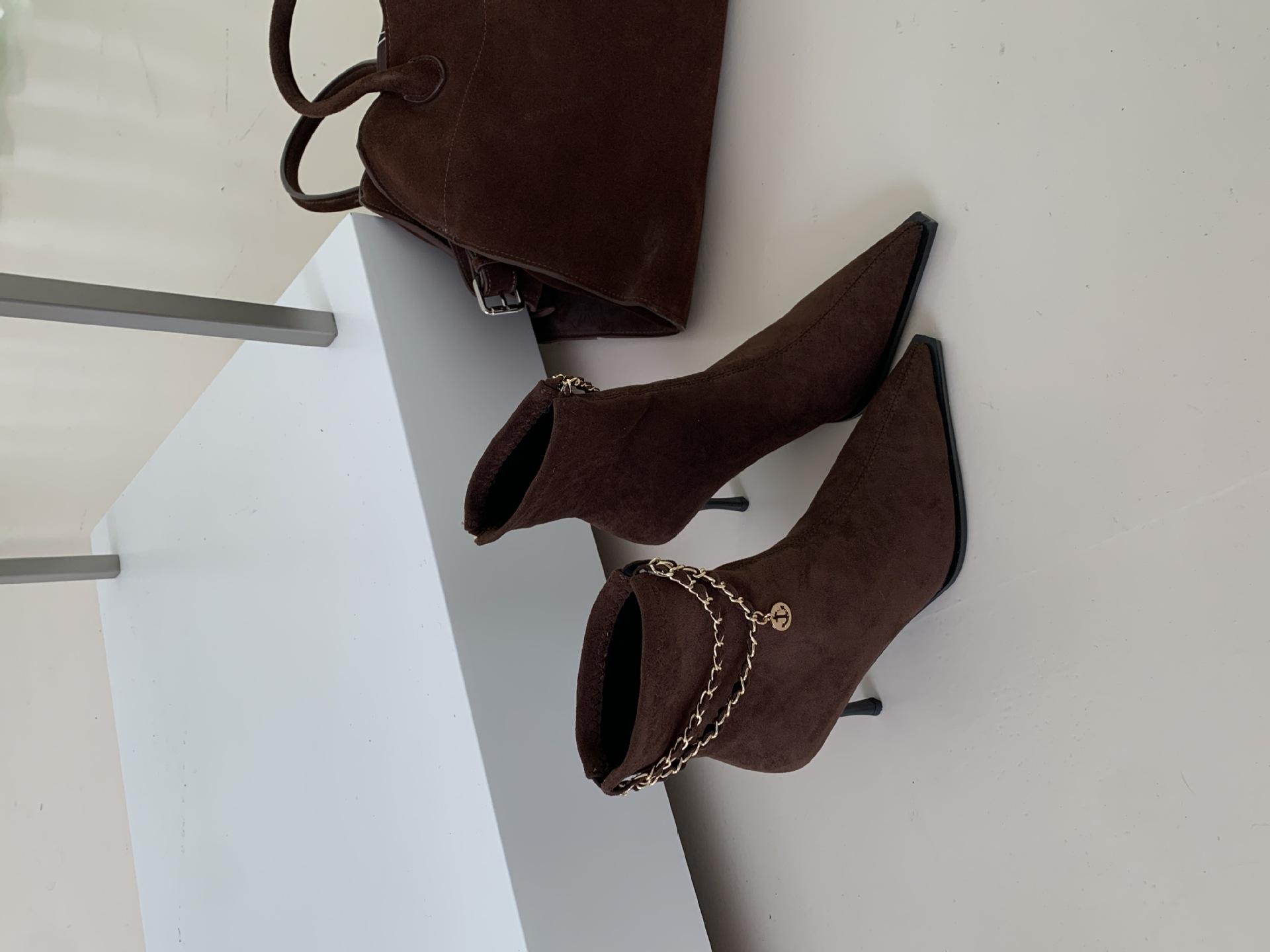 

2025 new autumn and winter pointed-toed stiletto short boots women s suede thin boots rear zipper chain boots short boots 39