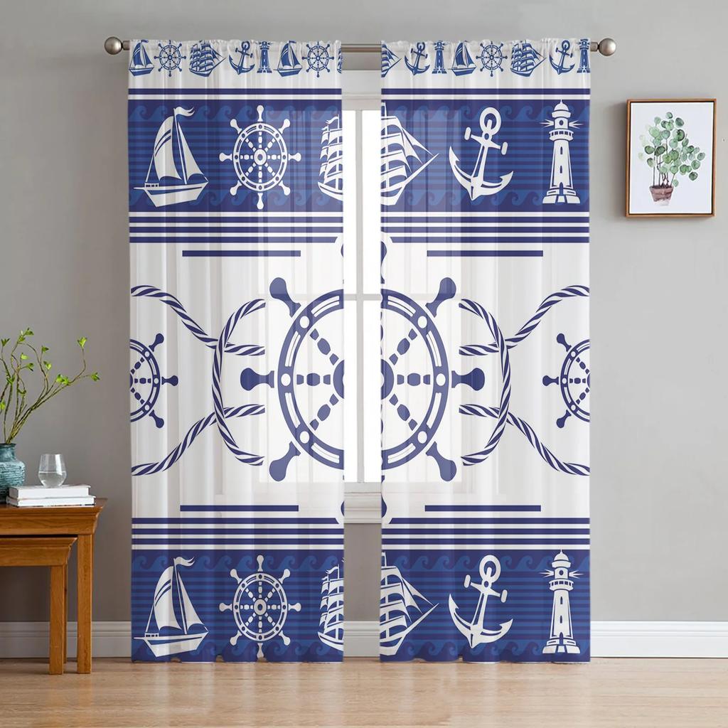 Sheer Watercolour Lighthouse Big Surf Seabird Curtains Living Room Bedroom Decoration Window Voiles Morning Tulle Curtain Polyester Washable Great