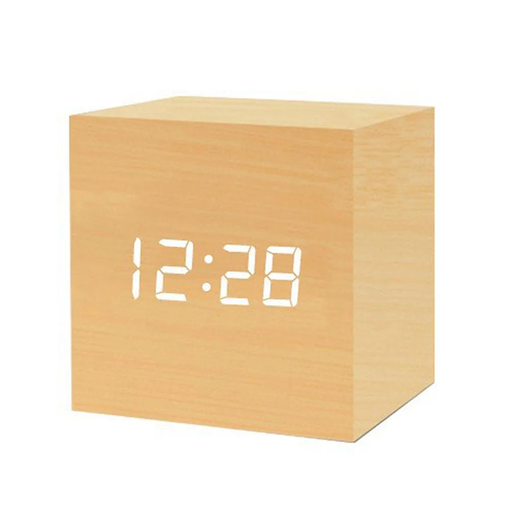 Wooden Digital Alarm Clock with Temperature LED Clock Art Ornament USB/Battery Powered Bedroom Table Clock for Office Room Decor