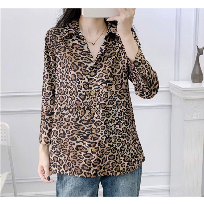 

Новая осенняя женская одежда Мода Ветер Леопардовый принт Принт Элегантный V-образный вырез с оборкой Однобортная Свободная Слимминговая Рубашка с длинным рукавом Leopard print S