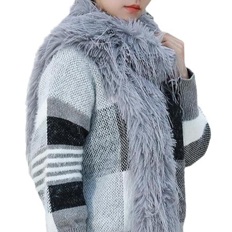 Womens Fuzzy Plush Scarf Knitted Furry Feather Long Scarf Collar Winter Warm Solid Color Scarves Shawl Wrap Streetwear