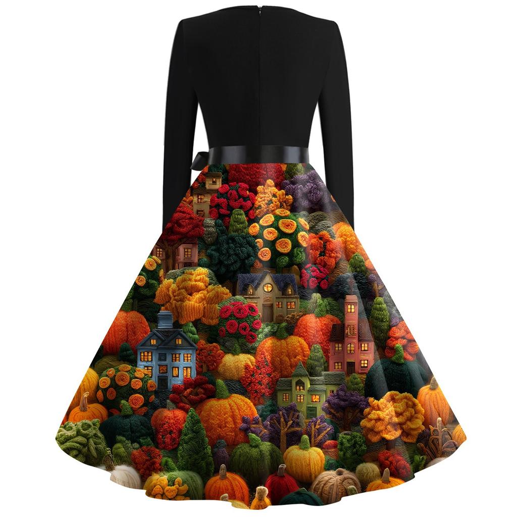 Halloween Print Flare Dress For Women Long Sleeve Dress Hollow Party Casual Dresses