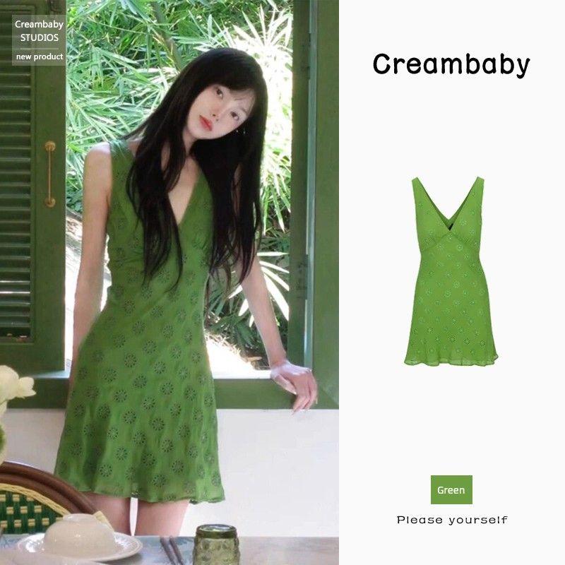 Super Nice Retro Green V-neck Embroidery Printed Dress Dress Women s Temperament Small Size Slim Looking Vacation Style Skirt Moss Green S