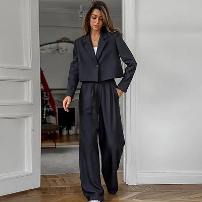 Women's Elegant Casual Suit Set Fall Cropped Lapel Long Sleeve Blazer Loose High Waisted Straight Leg Pants Office Outfits