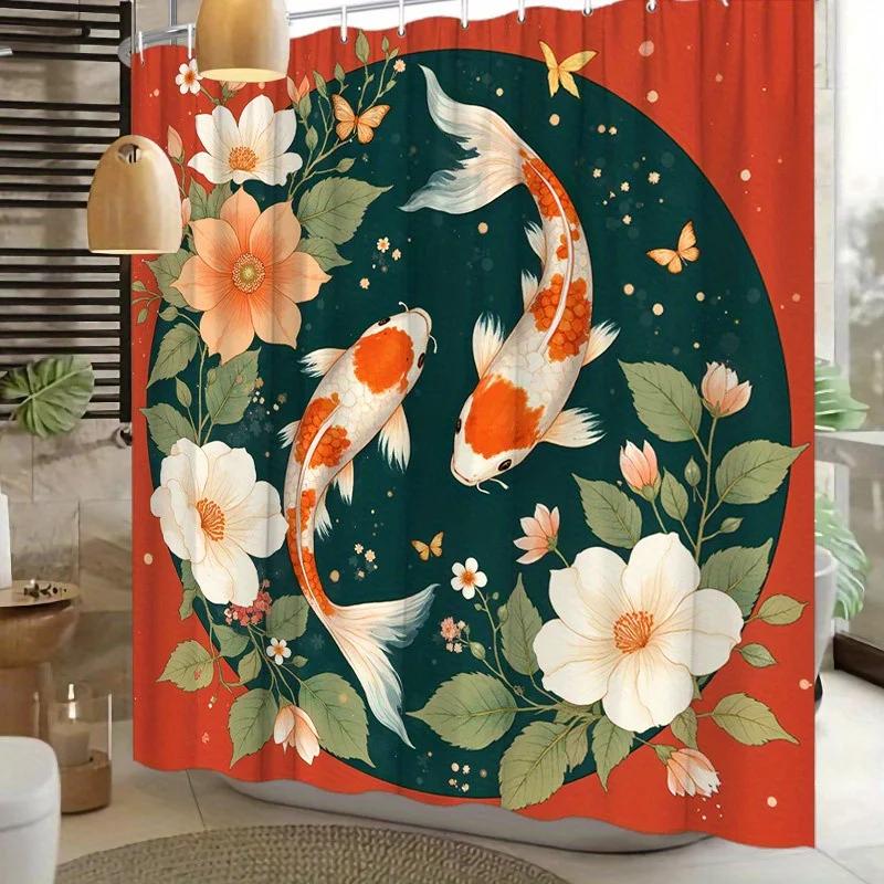 Koi Vis & Bloemen Douchegordijn - Waterverf Ontwerp, Polyester, 12 Haken, 70,8x70,8 Inch, Op de Natuur Geïnspireerd Decor