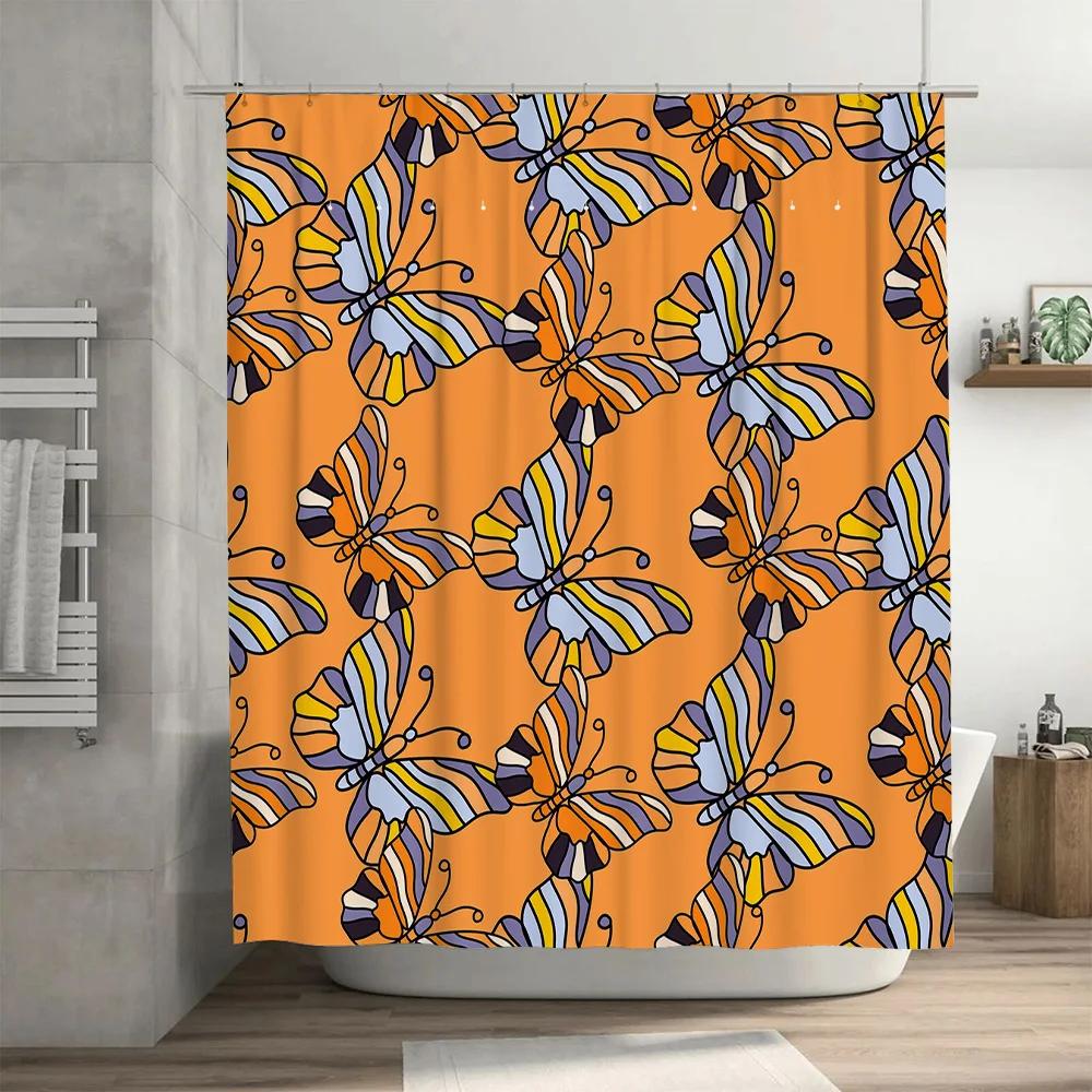 Butterfly Shower Curtain Orange Colorful Design Pattern for Bathroom Decorations High-Quality Fabric Material