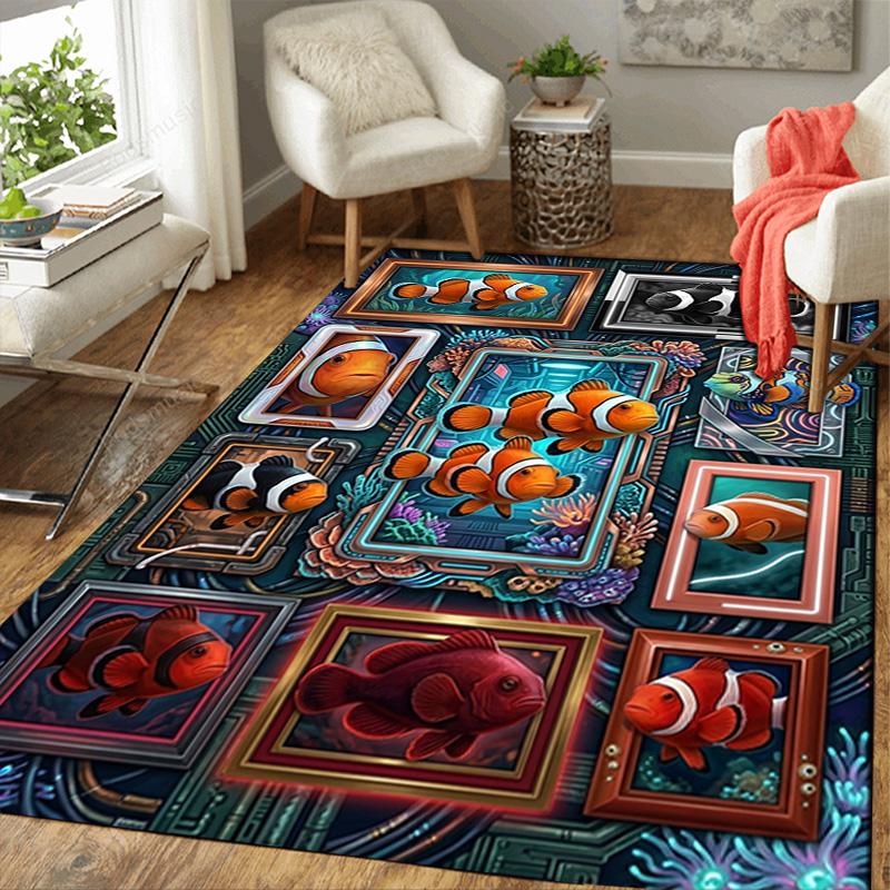 Clownfish Frames Composition Pattern Rug Floor Mat for Living Room or Bedroom Soft and Comfortable Carpet a Gift for Birthday and Holiday.