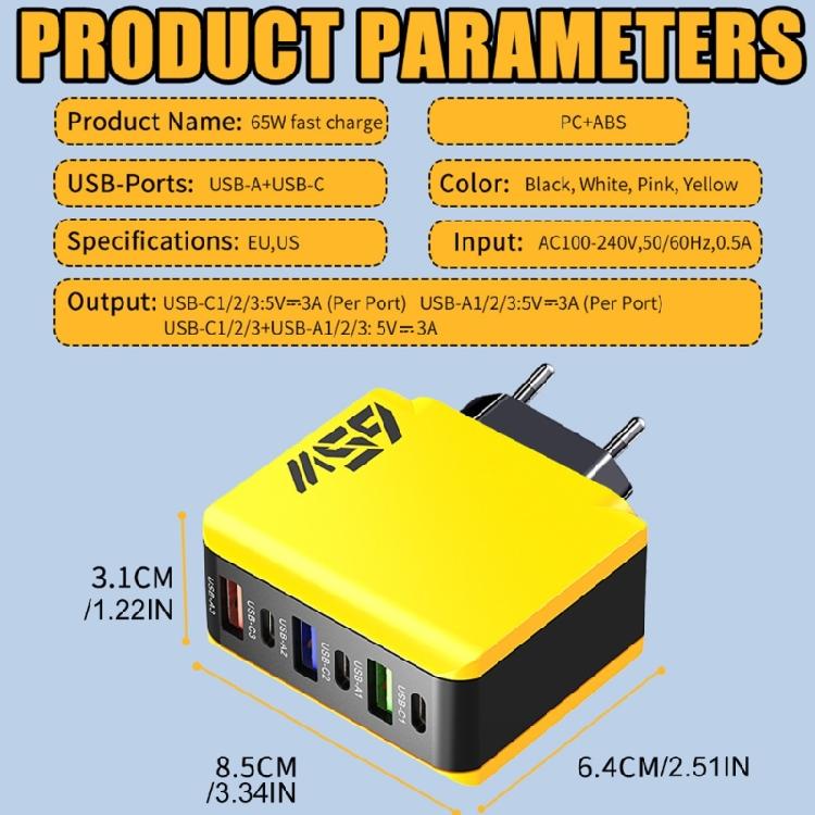 6 Port USB Charging Block 65W with Dynamic Power Allocation Charging Station ABS Texture Suitable for Various Devices