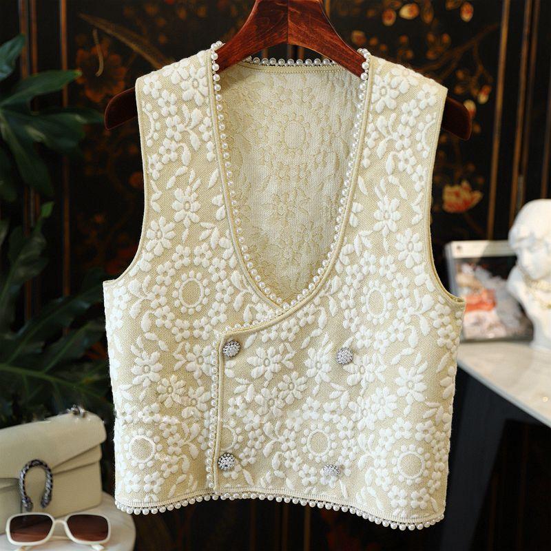 

Маленький стильный короткий вязаный жилет из жемчужной проволоки Apricot color L