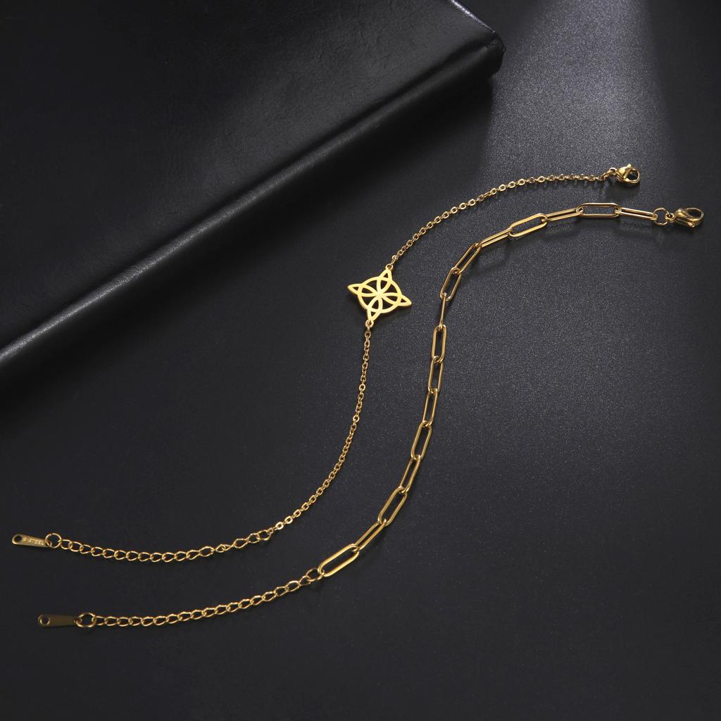Double Layer Stackable Welded Cross Chain with Hollow Four Leaf Clover Round Pendant Bracelet