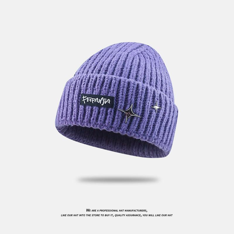 Letter Patch Knitted Hat for Women All Match Fashion Large Head Circumference Woolen Hat Winter Warm Ear Protection Star Pullover Cold Hat
