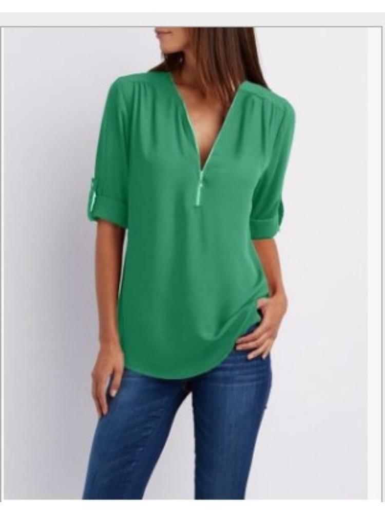 Women's Plus Size Loose Fit V-neck Chiffon Shirt with Long Sleeves and Adjustable Zipper