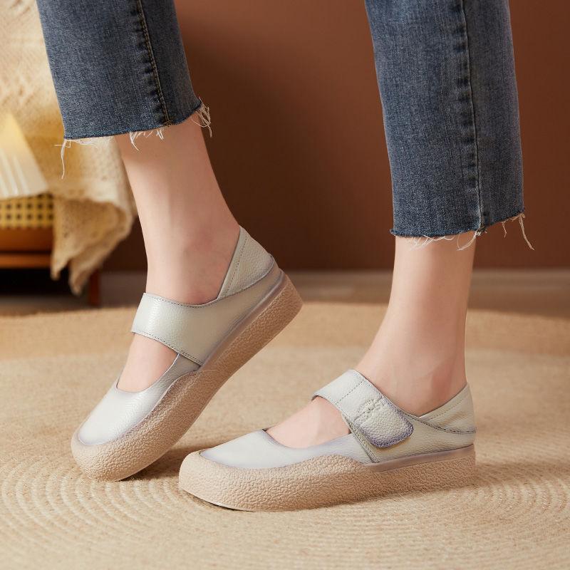 Women Vintage Mary Jane Ballet Flats Soft Leather Square Toe Loafers Strappy Moccasins