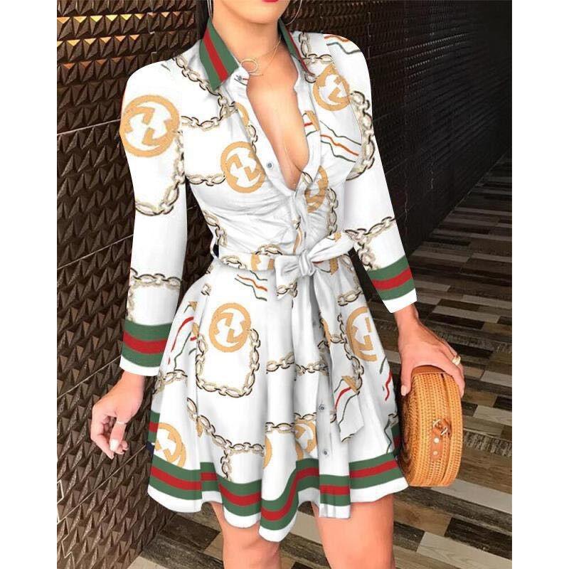 Wish Hot Sale Long Sleeve Collar Strap Fashion Sexy Printed Dress Women