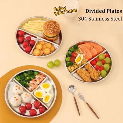 Multifunktionale Portionskontrollteller aus Edelstahl 304, 22,9 cm, wiederverwendbare, unterteilte Teller, runde Speisetabletts für Erwachsene und Kinder