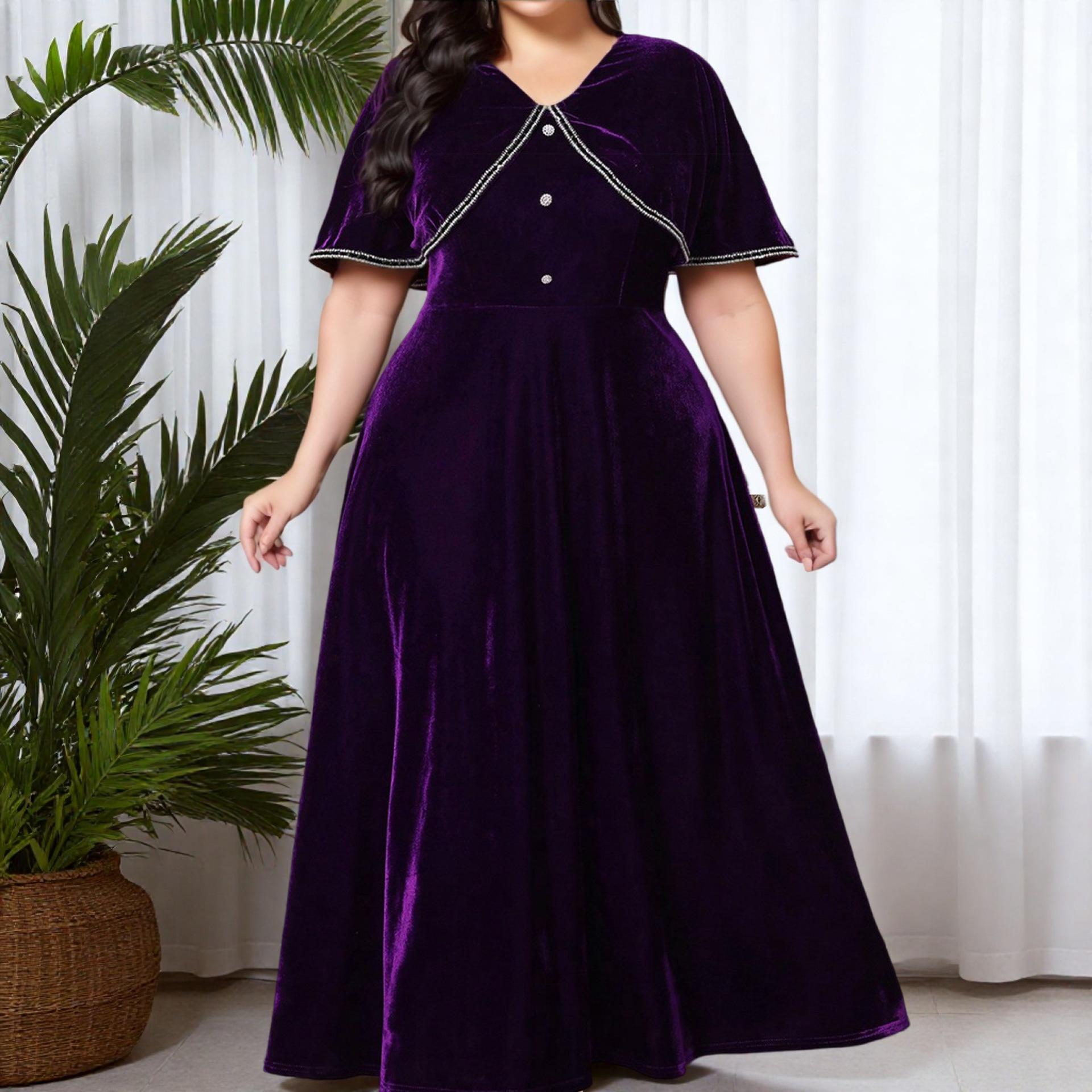

Plus Size Solid A-line Skirt with Contrasting Cape Long V-Neck Dress 0XL фіолетовий