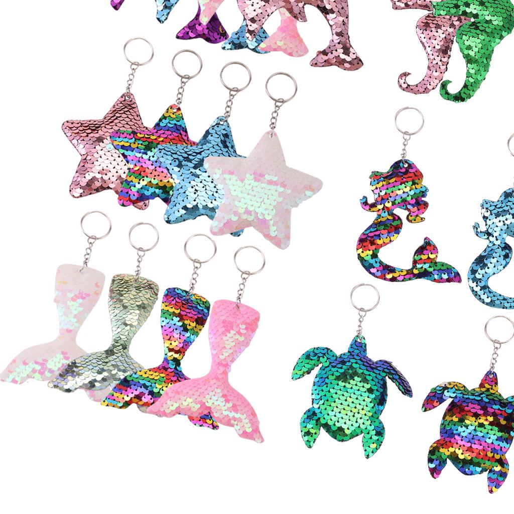 20 stuks Zeemeermin Pailletten Sleutelhangers, Sprankelende Flip Pailletten Oceaan-Thema Sleutelringen, Zeester Schildpad Visstaart Dier Vormen