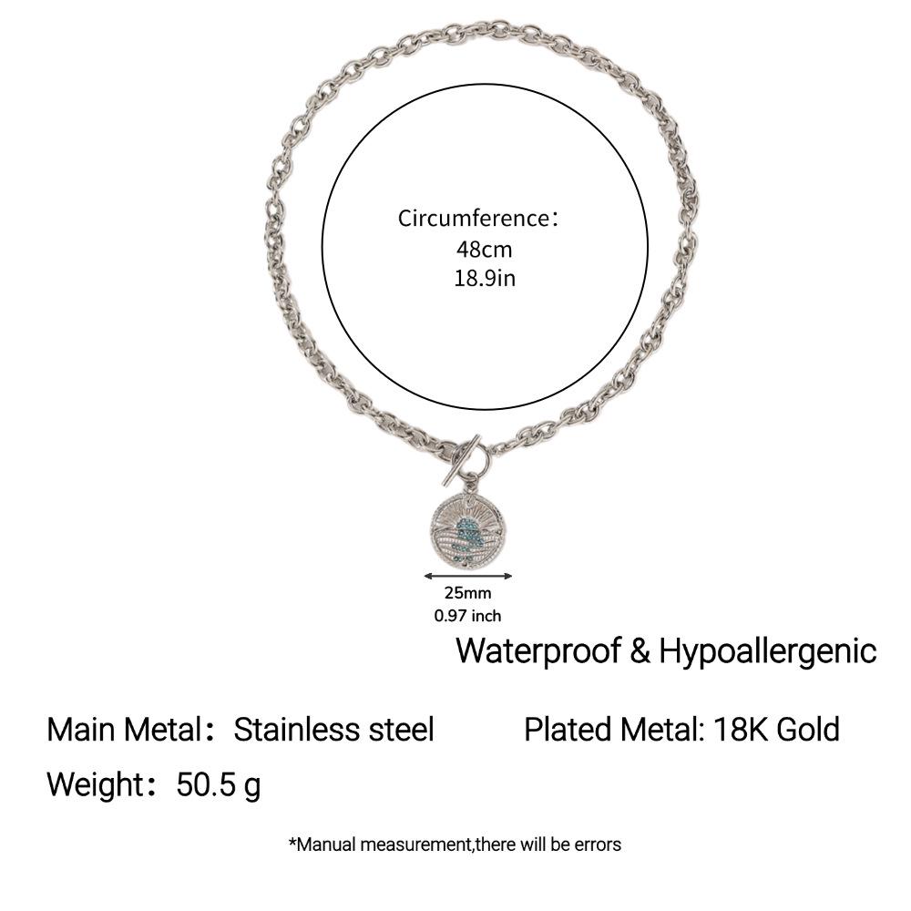 Blue Diamond Zirconia Cuban Chain Necklace with Stainless Steel OT Clasp and Round Pendant – European & American Style, Colorfast