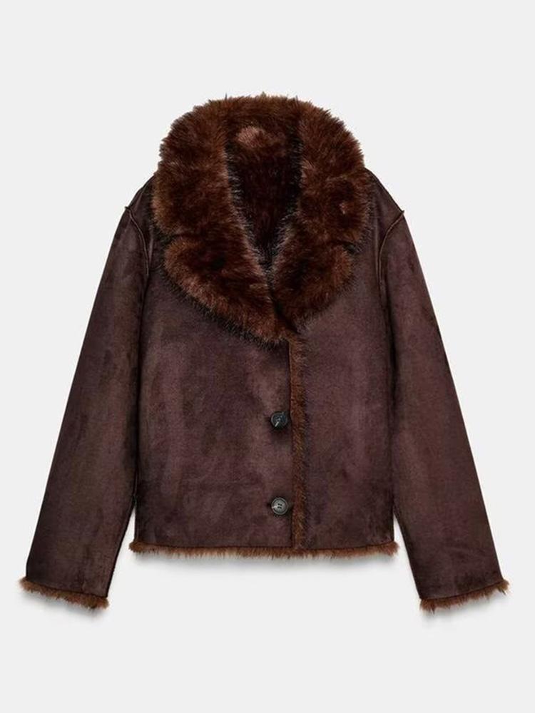 Women's Double-sided Winter Jacket Women's Synthetic Fur Suede Jacket Ladies' Warm Collar Button Top Brown Autumn and Winter