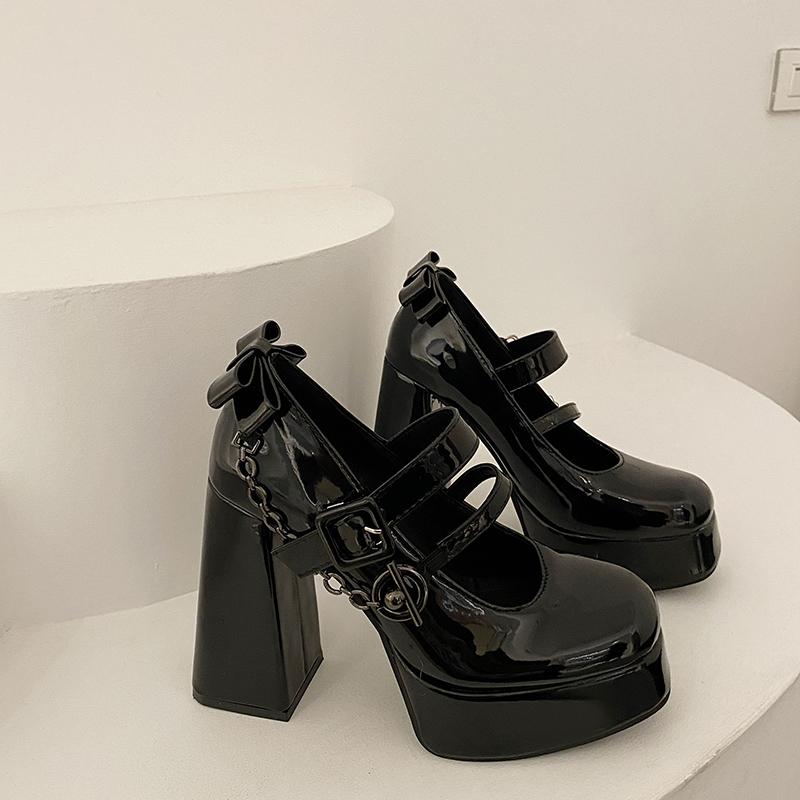 Fashion Women's Thick Heel Shoes Winter New Round Head Shallow Mouth Metal Chain Thick Sole Anti-slip Wear-resistant High Heels