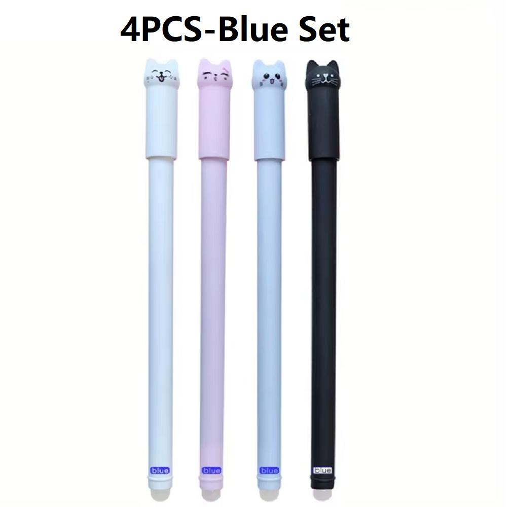 4-12PCS Cute Cat Pens Kawaii Erasable Gel Pens Set 0.5mm Blue/Black Ink Ballpoint Pens School Office Supplies Writing Stationer