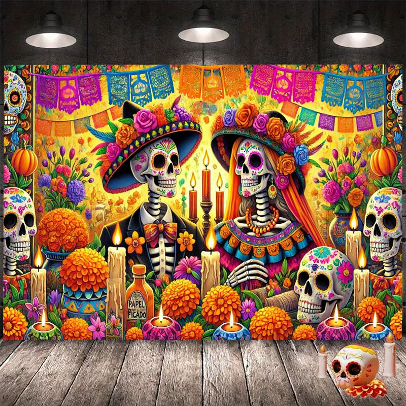 

Day of the Dead Tapestry Celebration Traditional Mexican Attire Vibrant Skeletons Perfect for Parties and Holiday Gifts 29x37in