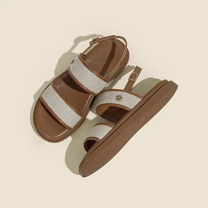 Low Sandals Woman Leather Low-heeled Rome Fabric Slides Rubber Hoof Heels Low Sandals Woman Leather Low-heeled Fabric Rubber Sli