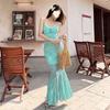 Dopamine Mesh Printing Suspender Dress Women's Summer Lace Splicing Sexy Backless Vacation Style Hip-wrapped Fishtail Dress