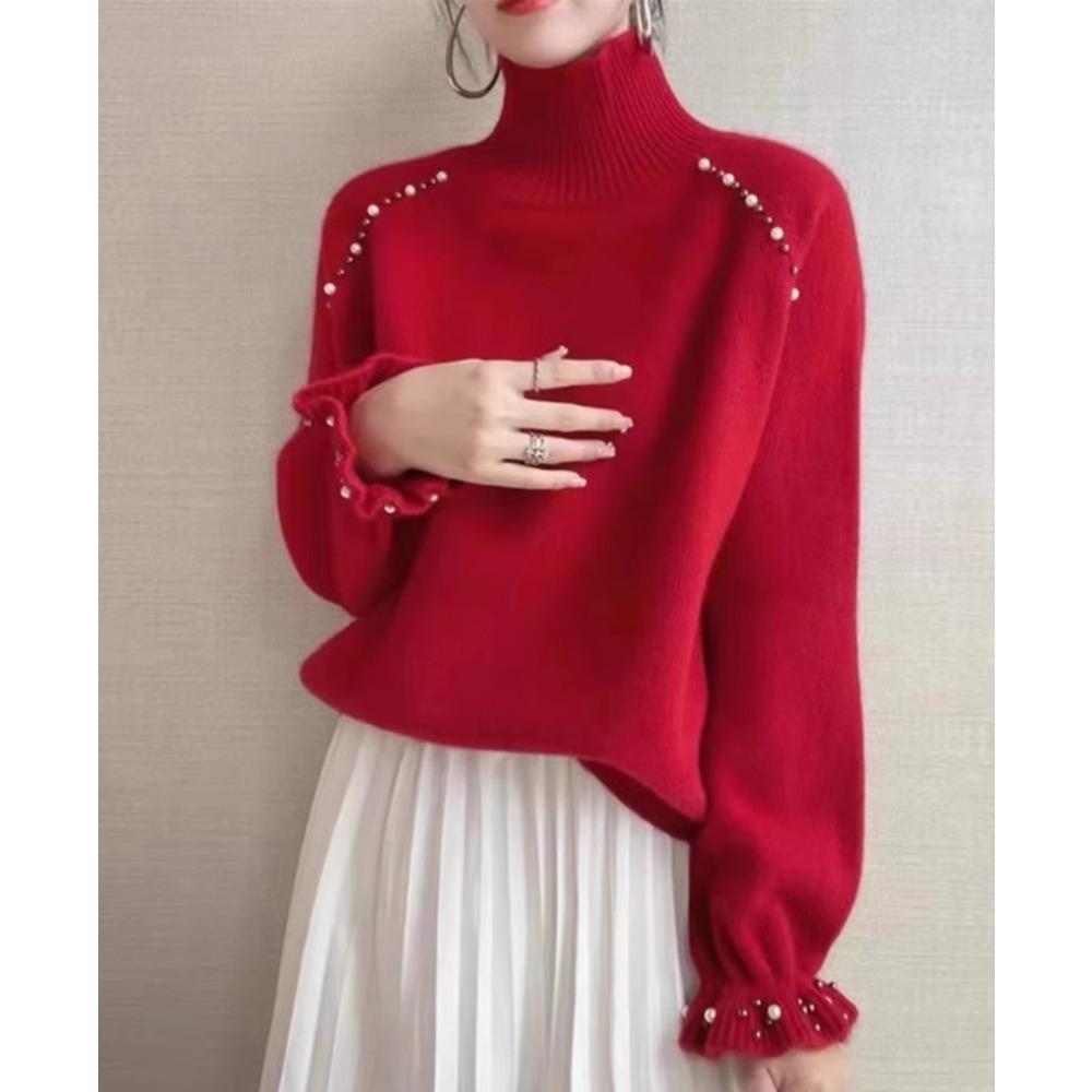 

DIMANAF 2025 Sweaters Spring Women Solid Print Turtleneck Beading Sweaters Knitting Slim Sweater One Size красный
