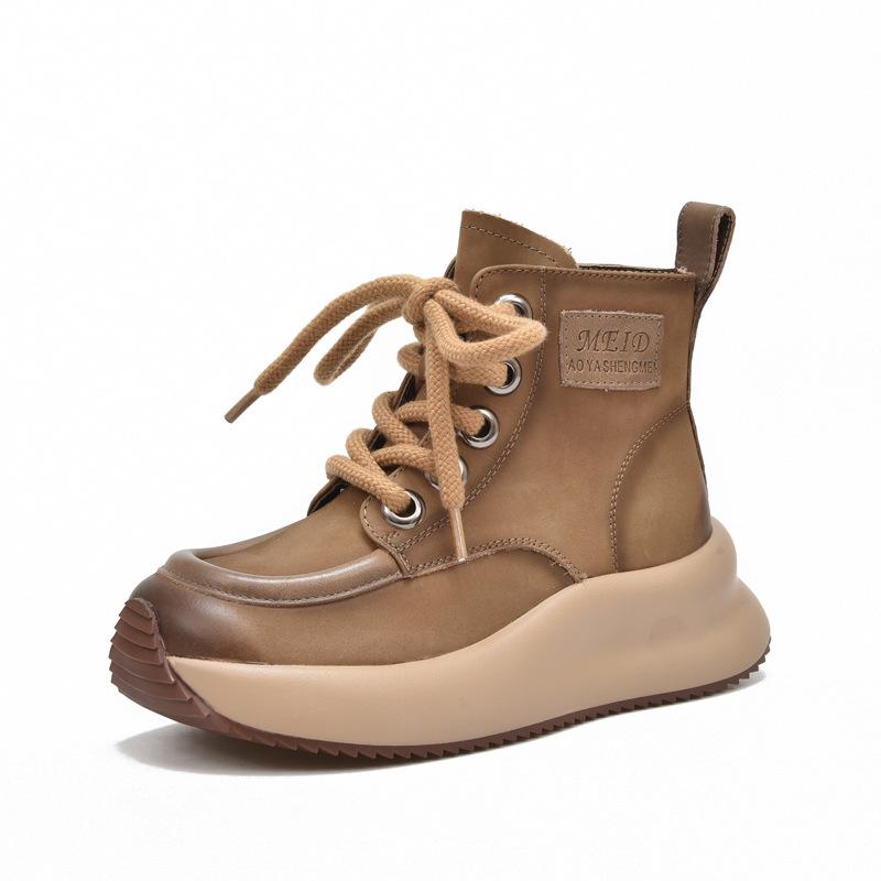 Fashion GKTINOO Women Boots Genuine Leather Sneakers 2024 New Lace-up Round Toe Women Handmade Retro Ankle Platform Boots