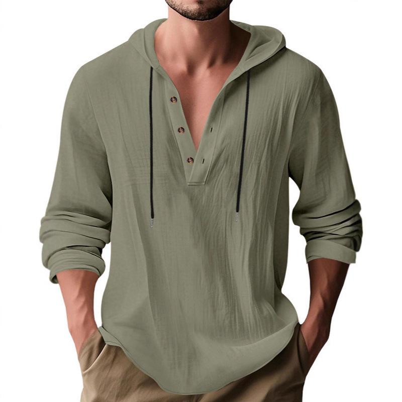 Pánská lehká lněná mikina Henley s kapucí, ležérní, s dlouhým rukávem, na knoflíky, se stahovací šňůrkou, jednobarevná